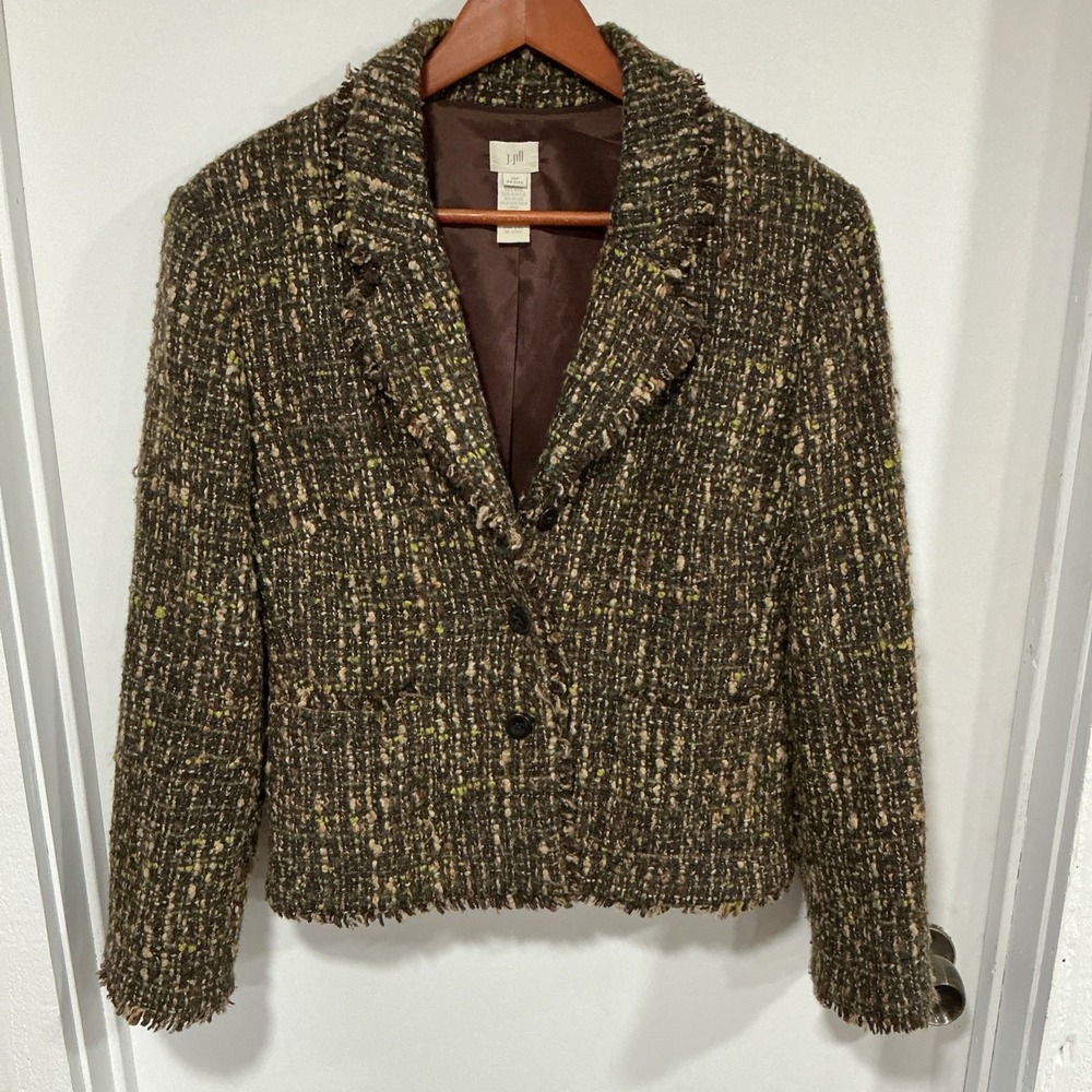 J. Jill Wool Boucle Tweed Blazer Jacket Fringe, Brown Green, 14P, Old Money